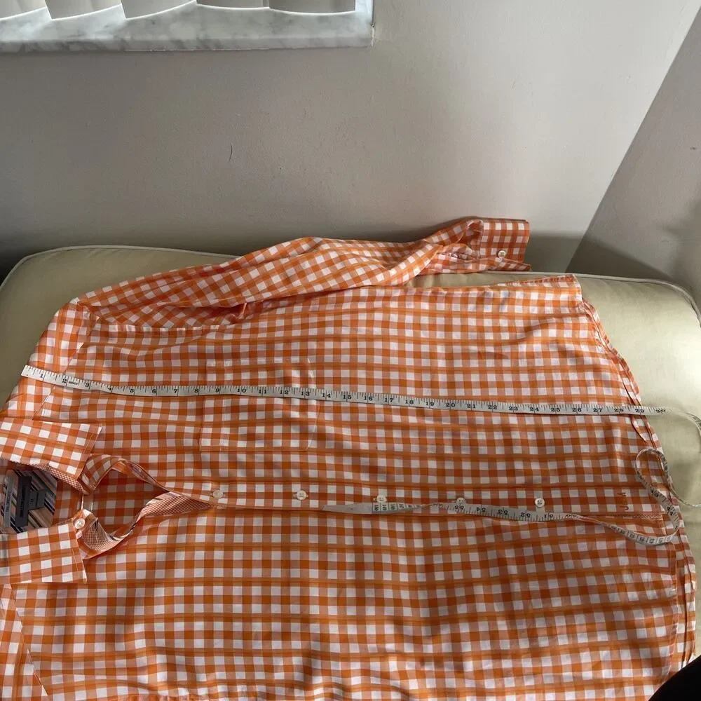 Johnston & Murphy tailored fit Orange Gingham Plaid shirt Contrast Trim Size M